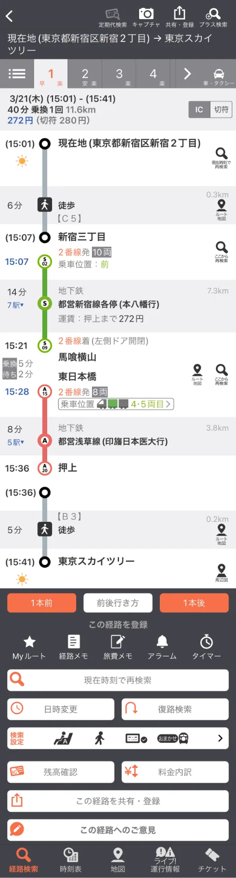乗換案内の経路結果の画面。東京都新宿区新宿2丁目から東京スカイツリーへの経路検索結果が表示されている